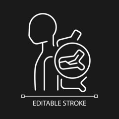 Fototapeta premium Spinal fracture white linear icon for dark theme. Spinal bones injury. Vertebral column dislocation. Thin line customizable illustration. Isolated vector contour symbol for night mode. Editable stroke