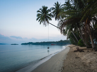 Scenic view of tropical island beach with iconic overhang coconut palm tree over sea and tire swing. Koh Mak Island, Trat, Thailand.