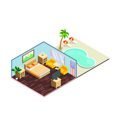 Hotel room with connecting door to swimming pool 3d isometric vector illustration concept for banner, website, landing page, ads, flyer template