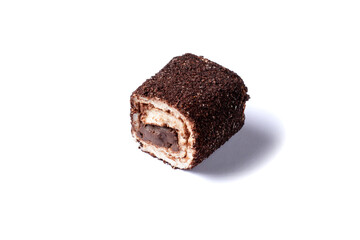 Turkish delight. Turkish delights cream-filled. chocolate lokum rolls covered chocolate chips. isolated on white close up