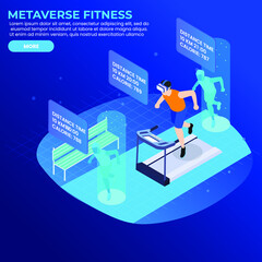 Metaverse fitness running on treadmill 3d isometric vector illustration concept for banner, website, landing page, ads, flyer template
