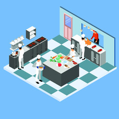 Commercial kitchen with chefs cooking 3d isometric vector illustration concept for banner, website, landing page, ads, flyer template