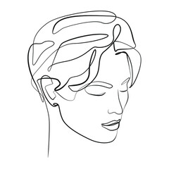 Woman head close up with short hair and her eyes closed line art on white isolated background. Vector illustration