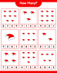 Counting game, how many Santa Hat. Educational children game, printable worksheet, vector illustration