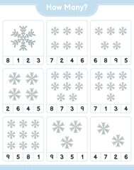 Counting game, how many Snowflake. Educational children game, printable worksheet, vector illustration