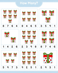 Counting game, how many Gift Box. Educational children game, printable worksheet, vector illustration