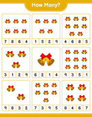 Counting game, how many Christmas Bell. Educational children game, printable worksheet, vector illustration