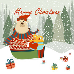 Christmas illustration with cute bear and winter landscape