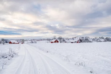 Fotobehang Snowy dirt road to a farm in a wintry countryside © Lars Johansson