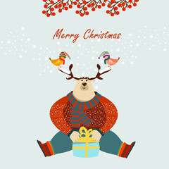 Christmas illustration with cute bear and winter landscape