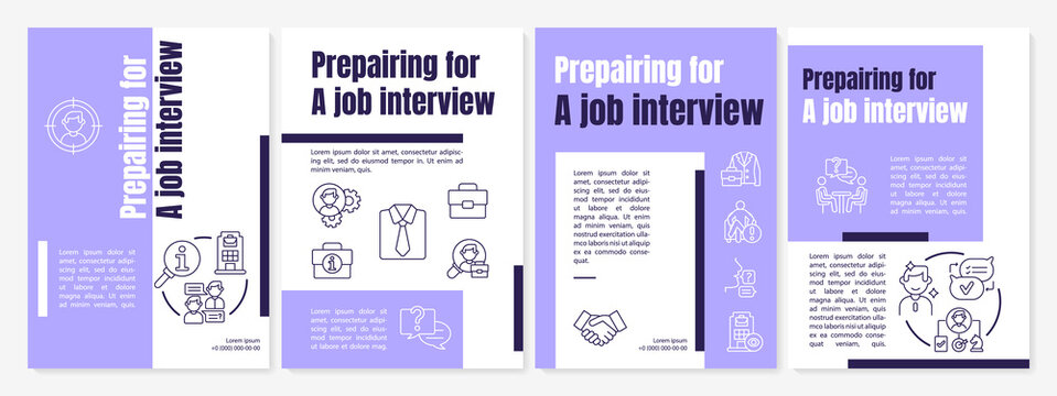 Prepare for interview purple brochure template. Practice, research. Flyer, booklet, leaflet print, cover design with linear icons. Vector layouts for presentation, annual reports, advertisement pages