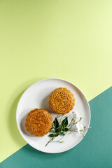 Chinese traditional pastry Moon cake, Mooncake, The Chinese character on the cake translation in English is