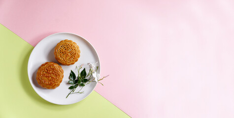 Chinese traditional pastry Moon cake, Mooncake, The Chinese character on the cake translation in English is