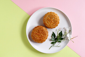 Chinese traditional pastry Moon cake, Mooncake, The Chinese character on the cake translation in English is