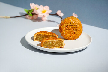 Chinese traditional pastry Moon cake, Mooncake, The Chinese character on the cake translation in English is