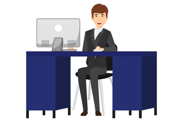 Cute businessman freelancer character siting on modern home office desk with table chair drawer cabinet with pc computer