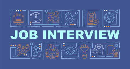 Interview for job position word concepts banner. Writing cv and preparing. Infographics with linear icons on blue background. Isolated creative typography. Vector outline color illustration with text