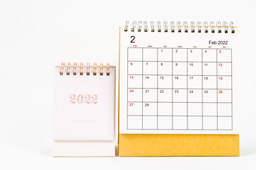 February 2022 desk calendar on white background.