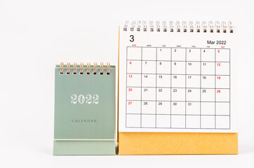 March 2022 desk calendar on white.