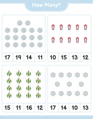Counting game, how many Snowflake, Christmas Ball, and Gift Box. Educational children game, printable worksheet, vector illustration
