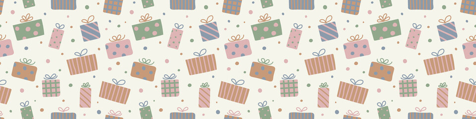 Christmas pattern with hand drawn gift boxes. Panoramic header. Vector
