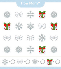 Counting game, how many Ribbon, Snowflake, and Gift Box. Educational children game, printable worksheet, vector illustration