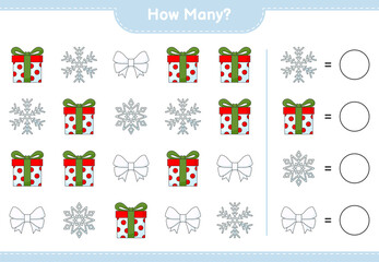 Counting game, how many Ribbon, Snowflake, and Gift Box. Educational children game, printable worksheet, vector illustration