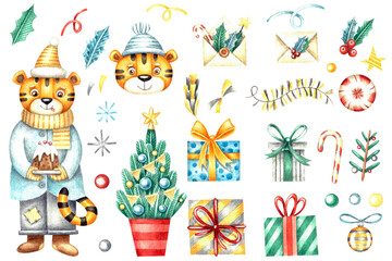 Fototapeta premium New Year's set with tigers. Watercolor illustration. Holiday. Winter. Patterns. Collection. Merry Christmas. Sweets. Gifts. Cute. Beautiful. Snow. Symbol. Bright. A party. Handmade work. Design.