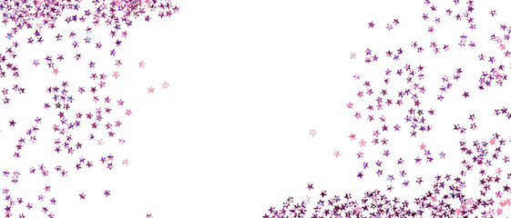 Violet confetti in the form of stars isolated on white banner. Festive day backdrop. Flat lay style with minimalistic design. Template for banner or party invitation