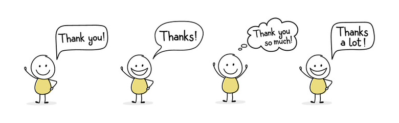 Happy hand drawn character with text - thank you, thanks. Vector