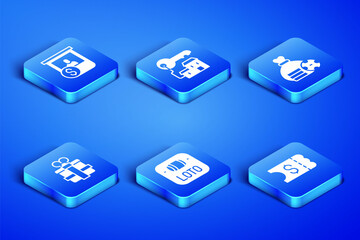 Set Lottery ticket, Casino chips exchange, Gift box, Winning house with key and Money bag icon. Vector