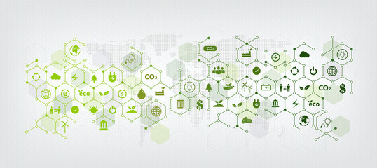 Green geometric business template and background for ECO sustainability concept related to environmental protection with ESG flat icons. - obrazy, fototapety, plakaty