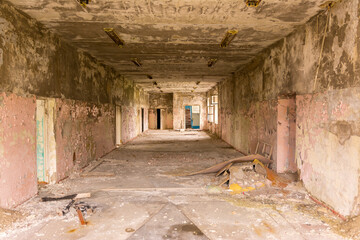 Corridor of an abandoned school in the Severny settlement in the north. Russia