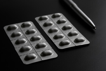 Two gray metallized blisters with medical pills or capsules on a gradient dark background, next to a fountain pen. Medication and Prescription Concept. Duotone