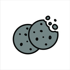 Two chocolate chip cookies icon of chocolate cake on white background. Simple cookie icon vector illustration. Bitten cookies silhouette or logo. Round black symbol