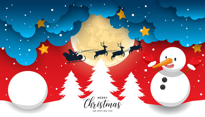 Merry Christmas and Happy New Year night for greeting card. moon in clouds, stars and snowfall. Santa Claus and reindeers silhouette on moon background. Cute and unusual vector design.