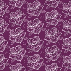 Decorative ornament, white peony flowers on a dark lilac background, seamless pattern