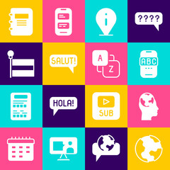 Set Earth globe, Learning foreign languages, Foreign online study, Information, Salut different, Flag, Notebook and Vocabulary icon. Vector