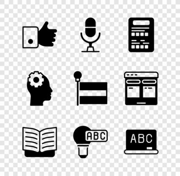 Set Hand Like, Microphone Voice Device, Exam Sheet, Open Book, Creative Lamp Light Idea, Chalkboard, Head With Gear Inside And Flag Icon. Vector