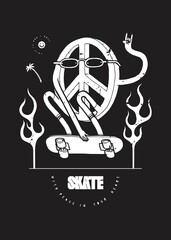 Peace skater. Stylish peace sign character skateboarding through fire. Skateboarding t-shirt print typography vector illustration.