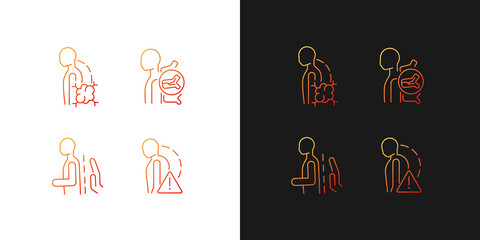 Spinal problems gradient icons set for dark and light mode. Backbone diseases and traumas. Thin line contour symbols bundle. Isolated vector outline illustrations collection on black and white