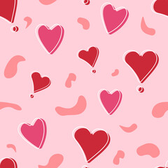 Seamless pattern with pink and red hearts, white outline flat style, vector illustration on light background. Decorative holiday design template for web and print