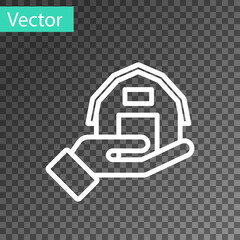 White line Farm house in hand icon isolated on transparent background. Vector