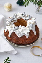 Christmas fruit cake with christmas decor. Copy space.Christmas atmosphere.
