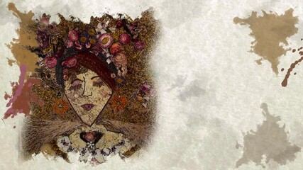 Portrait of a woman made of flowers. Frida Kahlo inspired artwork on textured paper with copy space