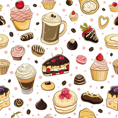 Vector seamless pattern with cakes, pastries and coffee - 468797513