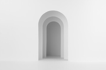 Abstract white stage mockup with blank contrast arch for presentation cosmetic product, design, advertising in modern minimal simple style.