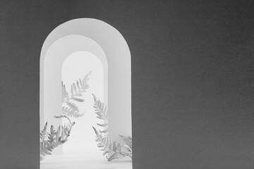 White and grey shadow stage mockup with silhouette arches as gate, leaves for presentation cosmetic product, design, advertising in simple geometric style, floral natural abstract garden.