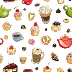 Vector seamless pattern with cakes, sweets and coffee - 468797756