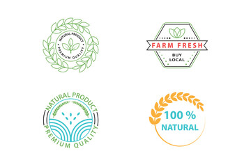 Eco-friendly icon pack with vector natural product icon label set. Premium quality logo badge line with green leaves. 100 percent certified organic.